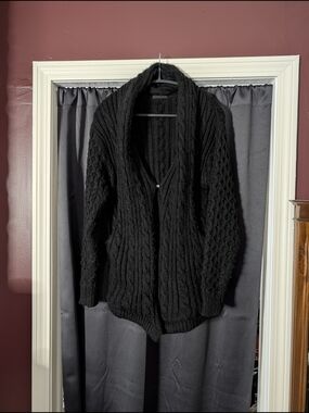 KMRII Men's Black Cable-Knit Mohair Leather Detail Shawl Cardigan Sweater Sz1